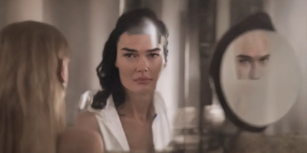 Prompt: ultra wide angle photo of lena headey dressed in a white blouse and black dress pants as diana prince looking at herself in a bathroom mirror and seeing her reflection as wonder woman