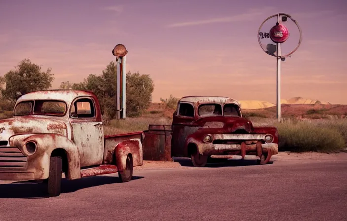 Image similar to A landscape with historical route66 with abandoned gas station and a single old rusty pickup-truck. the summer light dimly illuminates, diffuse light, octane render, lots of sparkling details and sun ray’s, blinding backlight, smoke, volumetric lighting, 35 mm, beautiful reflections, heavenly, softlight