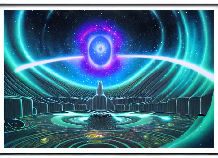 Image similar to light speed holodeck realm, astral spirit world city, galactic nebula, highly detailed surrealist art