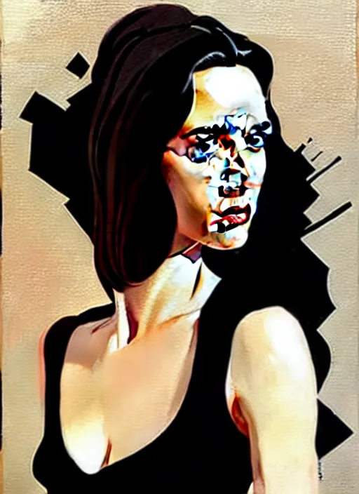 Image similar to detailed artwork by phil noto ; stylized painting of young jennifer connelly ; gal gadot ; eva green ; young jennifer connelly from the rocketeer ; brush texture ; asymmetric composition ; paint texture ; trending on artstation ; gallery painting by phil noto, comic style