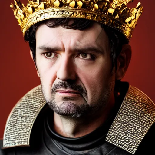 Prompt: richard iv the roman king photo, real human, soft studio lighting, 6 0 mm lens in full armor, cashmere hairs, crown highlights