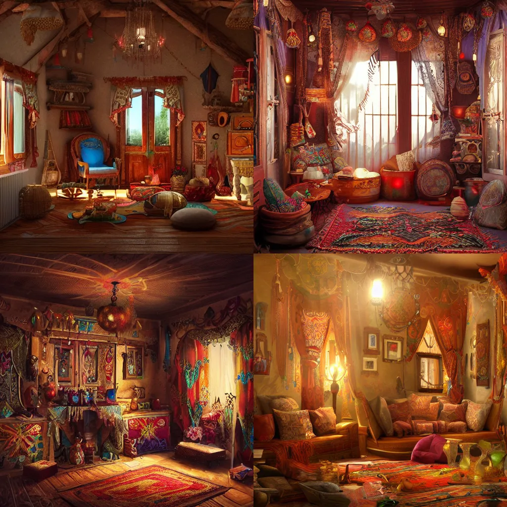 Prompt: inside of a beautifully decorated gypsy style home, in the evening, featured on artstation, cgsociety
