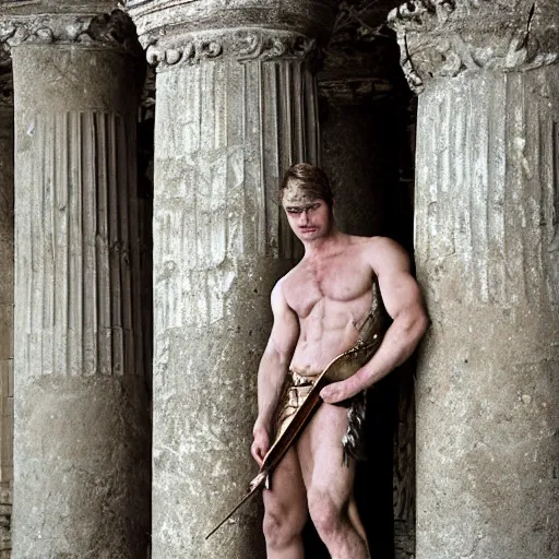 Prompt: portrait of Achilles holding a spear, standing in ruins, fallen columns, highly detailed face, tom chambers photography