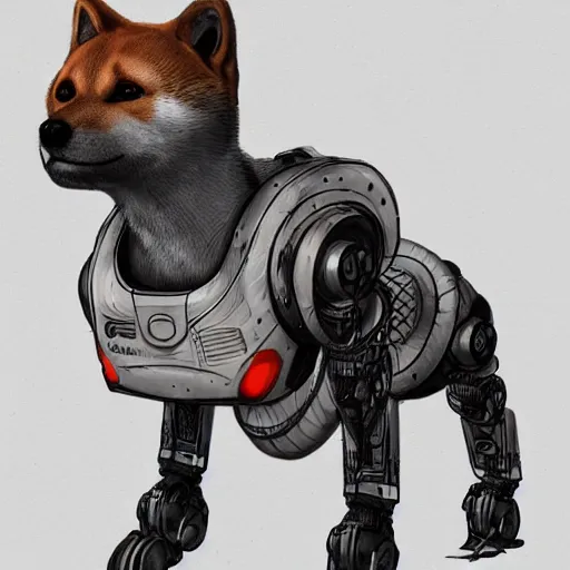 Image similar to anthropomorphic shiba inu robot power armor, face visible wearing no helmet, dark sci - fi background, intricate, highly detailed, smooth, artstation, concept art