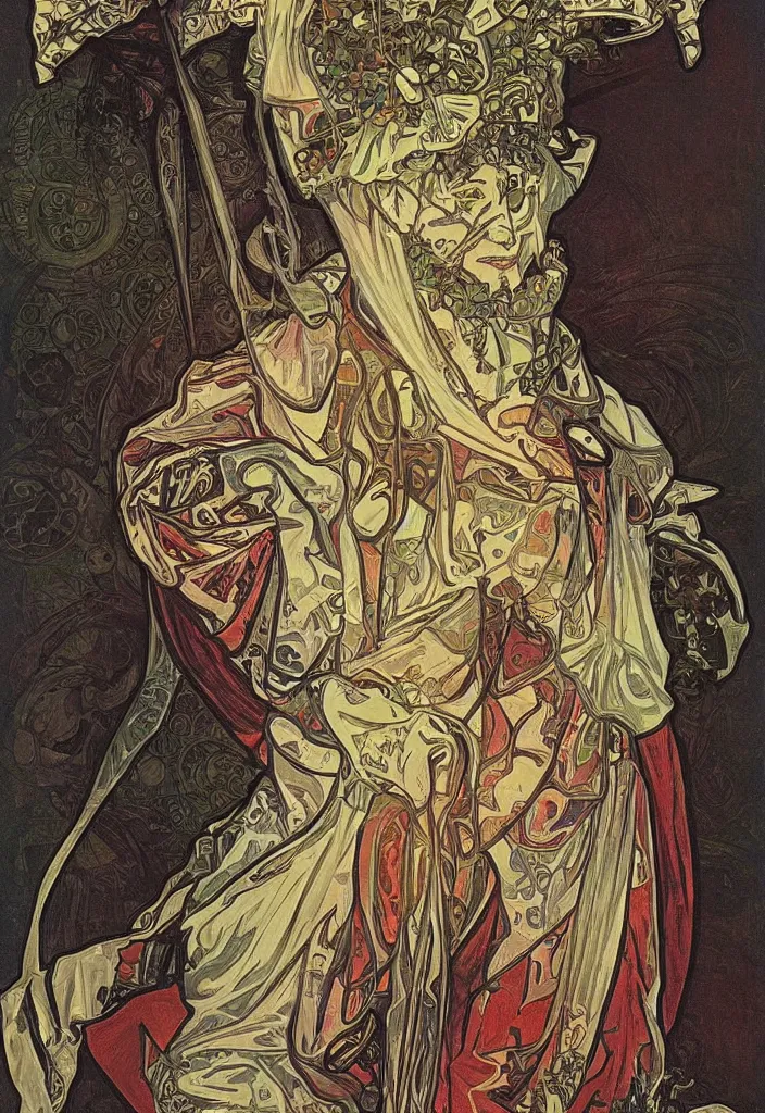 Image similar to Jurgen Schmidhuber as the Devil on a tarot card, tarot major arcana in art style by Alphonse Mucha