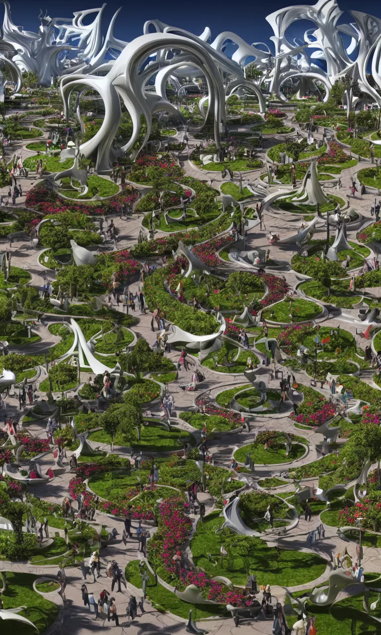 Prompt: a busy elaborate ornate outdoor park, cinematic, shadows, partly cloudy day, 4 k, detailed, by zaha hadid