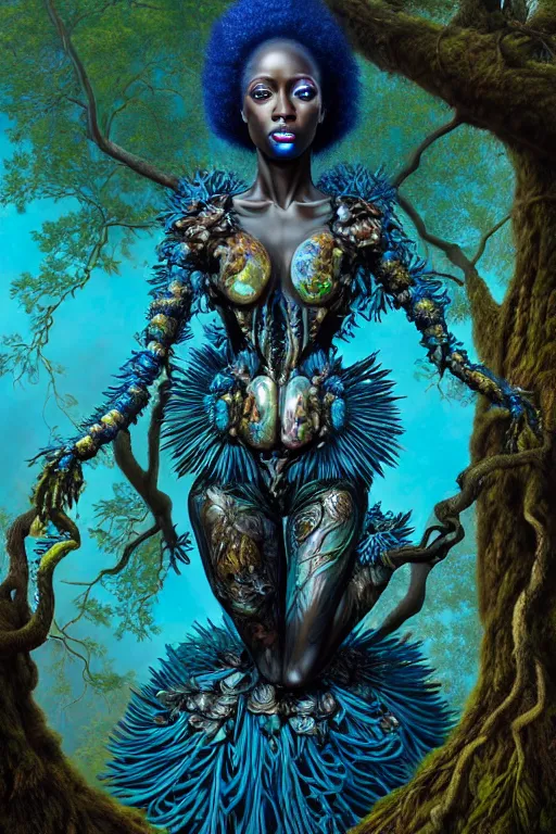 Prompt: hyperrealistic post - rococo super expressive! black woman with exoskeleton armor, merging with tree in a forest, highly detailed digital art masterpiece smooth cam de leon hannah yata dramatic pearlescent blue teal light ground angle hd 8 k sharp focus