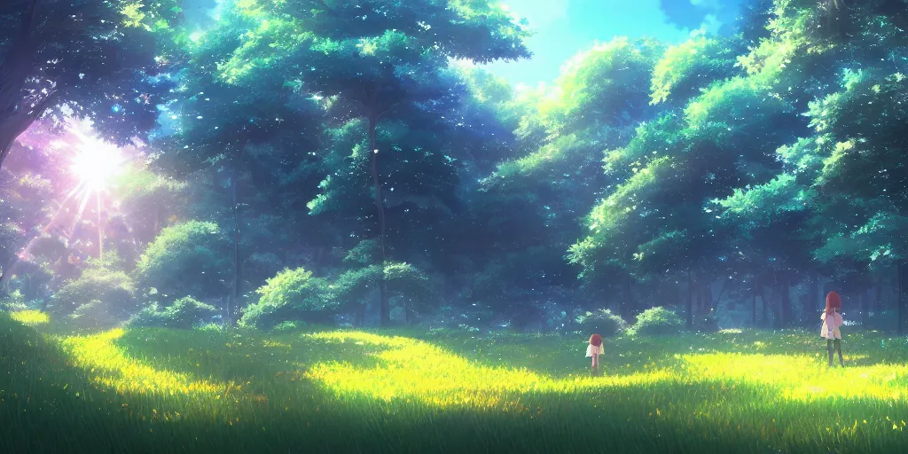 Image similar to beautiful anime painting of a magical forest, daytime, by makoto shinkai, kimi no na wa, studio ghibli, artstation, atmospheric.