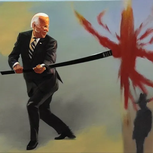 Image similar to Joe Biden with an eyepatch fighting off hordes of obese americans with a katana, action shot, dynamic pose, oil painting