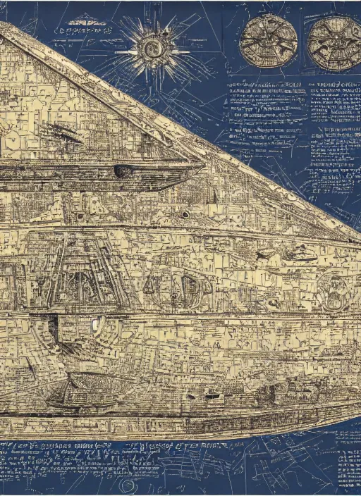 Image similar to detailed map of an imperial star destroyer, detailed, cartography, calligraphy, fine art, detailed, descriptive, directions, pictographs