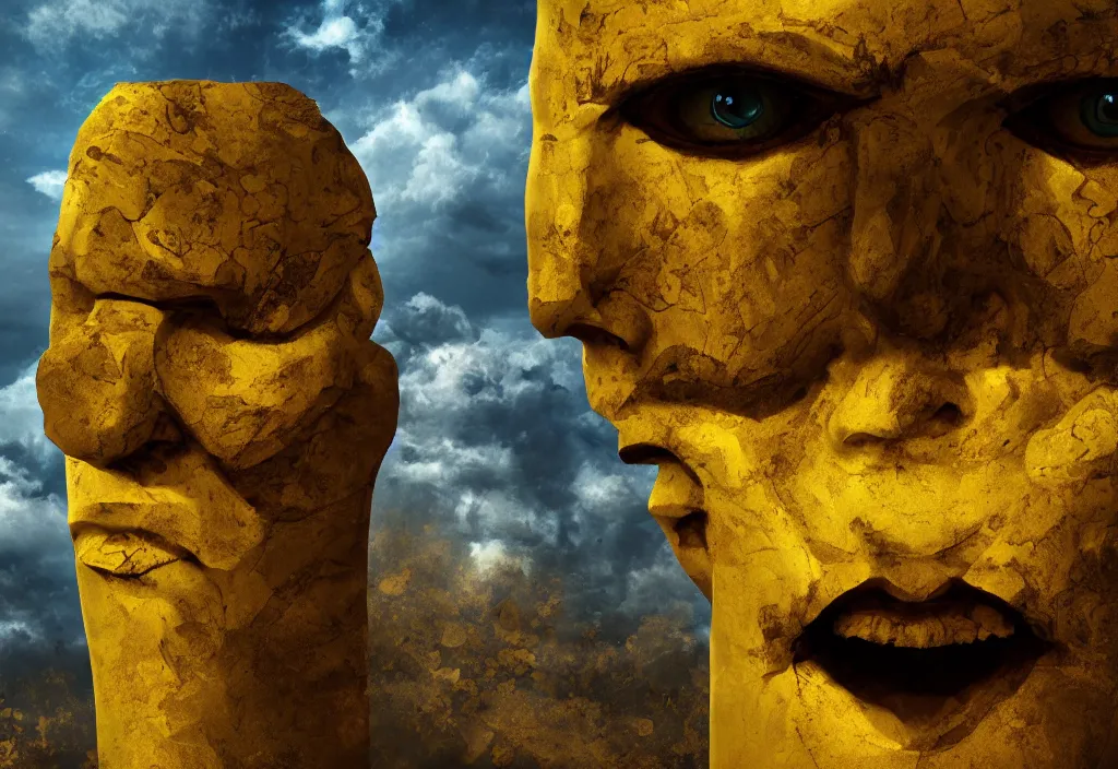Image similar to wide shot of the floating face of a god with a million eyes on the top of a pillar, digital art, trending on artstation, yellow color palette, dynamic composition, realistic clouds, 4k, 8k