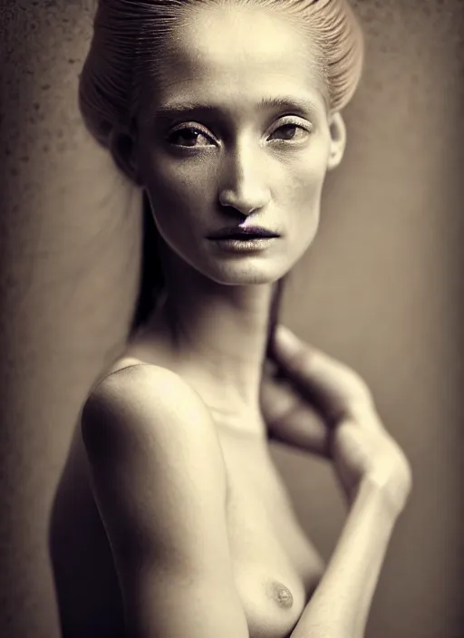 Prompt: portrait photography of a beautiful woman, in fine art photography style of Paolo Roversi , rose huntington whitely style 3/4 , natural color skin pointed in rose, long hair with ornamental hairstyle, full body dressed with a ethereal transparent voile dress, elegrant, 8K, soft focus, melanchonic rose soft light, volumetric dramatic lighting, highly detailed Realistic, hyper Refined, Highly Detailed, natural point rose', indoor soft lighting, soft delicate lighting colors scheme, soft blur lighting, fine art fashion photography