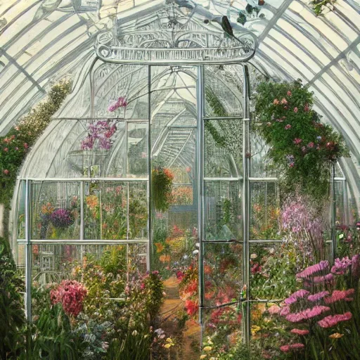 Image similar to a beautifull intricate greenhouse with many flowers, reflexions, verry high details by william turner art, greg rutkowski and alphonse mucha, trending on artstation, very very detailed, masterpiece, - h 1 2 8 0 - w 6 4 0