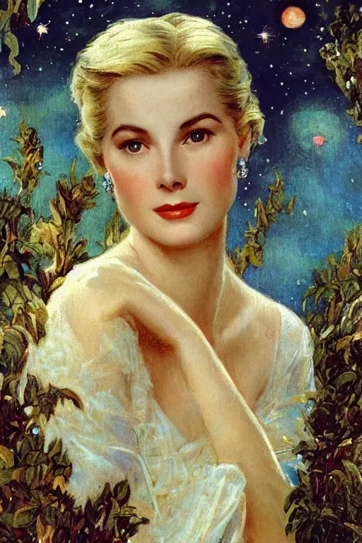 Image similar to A young and extremely beautiful Grace Kelly explaining the birds and the bees in the style of Gaston Bussière, art nouveau, art deco. Extremely lush detail. Night scene. Perfect composition and lighting. Surreal. A shaft of moonlight illuminates her.