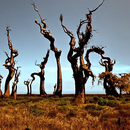 Image similar to surface of an alien planet with twisted trees t