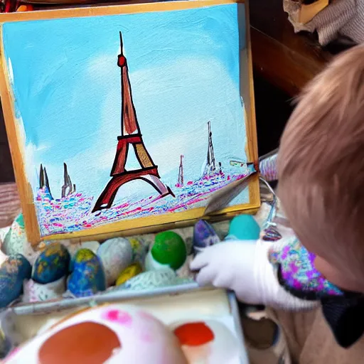 Image similar to A polar bear painting easter eggs in front of the Eiffel Tower