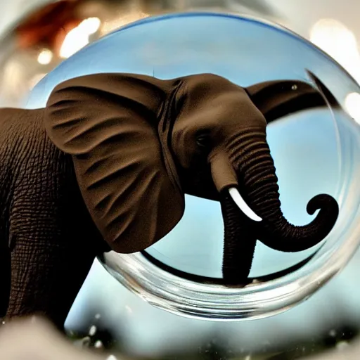 Prompt: a photograph of an elephant inside a snow globe toy, close-up detailed photo