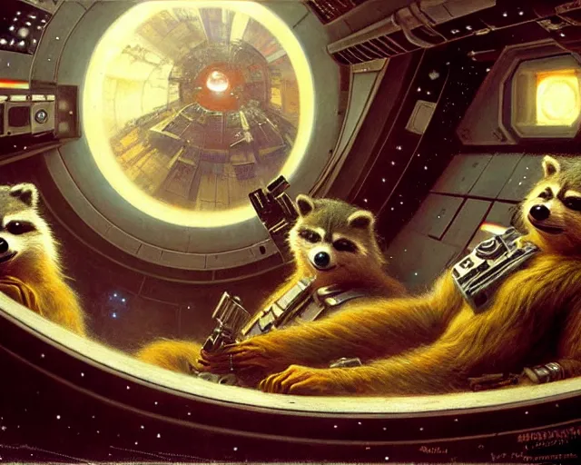 Prompt: 7 0 mm portrait, furry rocket the raccoon sitting in the cockpit of the millennium falcon, wearing stormtrooper armor!!, painting by gaston bussiere, craig mullins, j. c. leyendecker, lights, art by ernst haeckel, john william godward, hammershøi