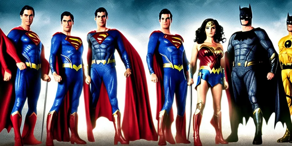Image similar to DC Justice League with Lynda Carter as Wonder woman, Nicolas Cage as superman, Michael Keaton as Batman and Wesley Snipes as Flash