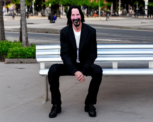 Prompt: photo of happy keanu reeves in jeans and black tux jacket sitting on a bench in the street. dof. lifelike. ultra detailed. intricate. soft light. nikon d 8 5 0.