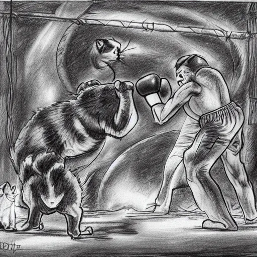 Image similar to cats fighting dogs and rats in a boxing match, detailed drawing, masterpiece