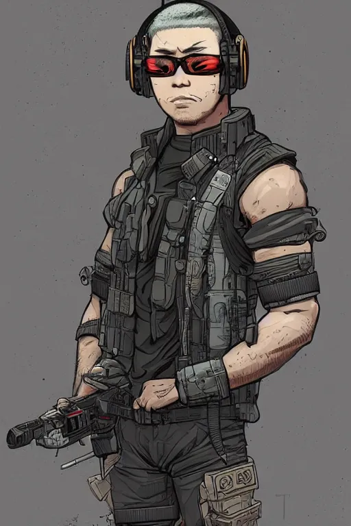 Image similar to Dangerous Hiro. buff Japanese cyberpunk mercenary wearing a cyberpunk tactical headset and military vest. square face. Realistic Proportions. Concept art by James Gurney and Laurie Greasley. Moody Industrial skyline. ArtstationHQ. Creative character design for cyberpunk 2077.