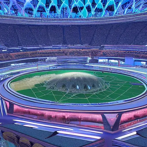 Image similar to a futuristic stadium in the middle of a city, hexagonal shaped, hexadome, blue energy field dome, unreal engine, epic lighting, crowd cheering