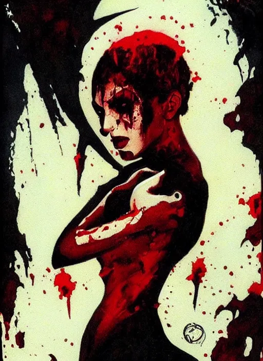 Prompt: portrait of bald iranian vampiress, strong line, saturated color, beautiful! coherent! by frank frazetta, high contrast, blood splatter background