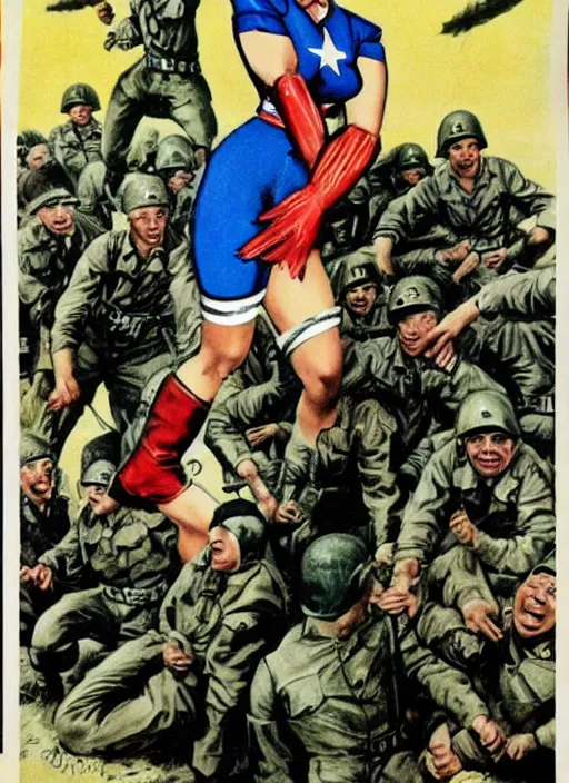 Image similar to beautiful female captain america standing on a pile of defeated german soldiers. feminist captain america wins wwii. boot on hitler's head. american wwii propaganda poster by james gurney