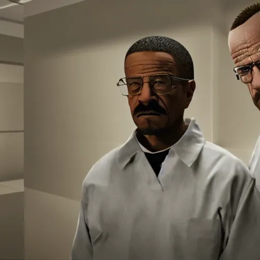 Image similar to Walter White stabs Gustavo Fring in the back, photorealistic, cinematic lighting,