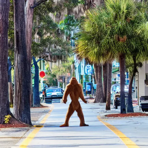 Image similar to bigfoot walking down the street in downtown Pensacola Florida