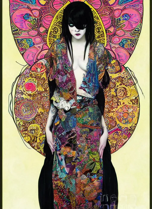 Prompt: cute punk goth fashion hippy fractal tattooed girl wearing kimono posing by Zhang Jingna, psychedelic poster art of by Victor Moscoso Rick Griffin Alphonse Mucha Gustav Klimt Ayami Kojima Amano Charlie Bowater, masterpiece