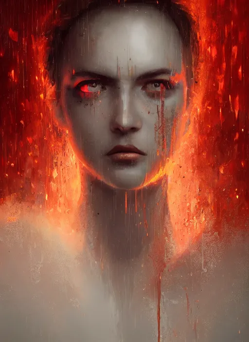 Image similar to a realistic detail portrait of a beautiful female angle in hell, raining, thunder, magic, dragon, oil painting by Julian calle, wlop, greg rutkowski, Finnian MacManus, Trending on artstation, red and yellow scheme, 8k, RE Engine