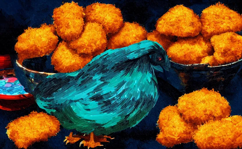 Image similar to chicken nugget, digital painting, expressionistic, intricate detail, meticulous brush strokes, genius composition, masterpiece, work of art, 4k wallpaper