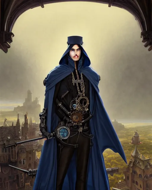 Prompt: handsome male using a mechanical steampunk device, long black hair blue eyes wearing cloth mantle gothic navy cloak with leather details, cliffside town, fantasy character portrait, ultrarealistic, intricate details, elegant, cinematic lighting, highly detailed, artstation, cgsociety, sharp focus, beautiful digital painting by artgerm, gerald brom, wlop, alphonse mucha