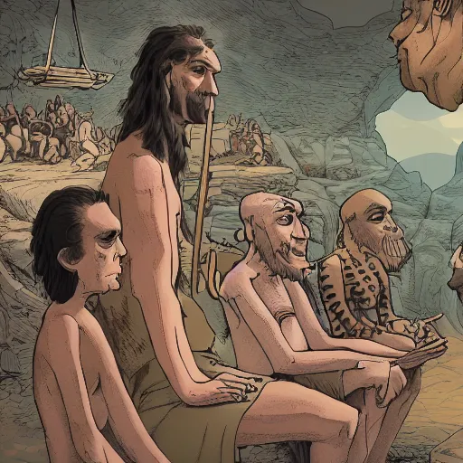 Prompt: a neanderthal meeting with sapiens in 2022
