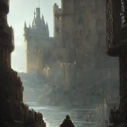Image similar to king Arthur holding sword, castle in the background, Greg Rutkowski, trending on artstation