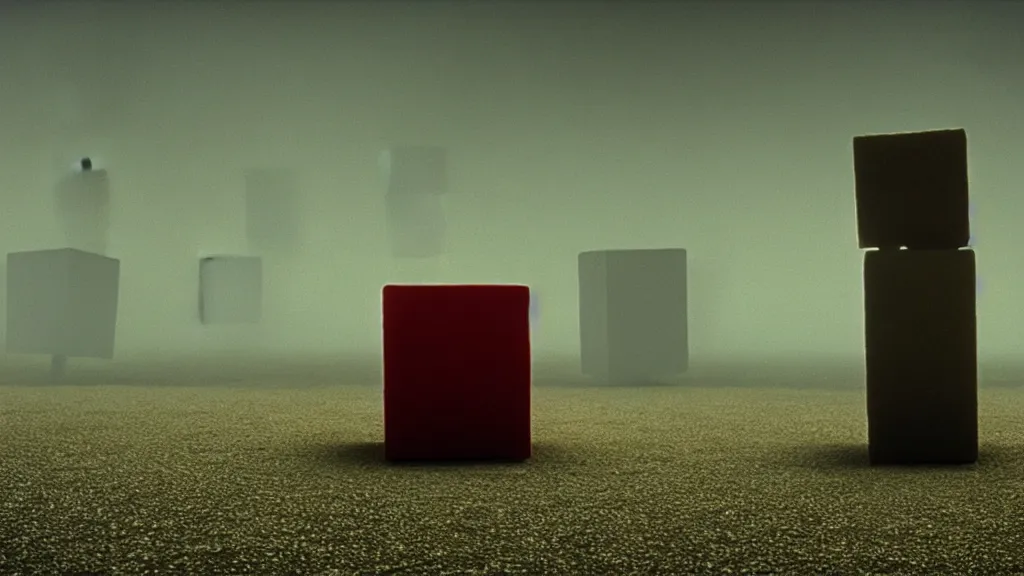 Image similar to cube man, film still from the movie directed by denis villeneuve and david cronenberg with art direction by salvador dali and zdzisław beksinski, wide lens