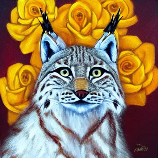 Prompt: lynx wearing a crown!! made out of golden roses, crown!!! crown, an expressive oil painting, high quality art,