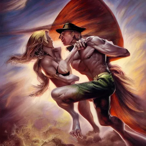 Prompt: An ultra realistic portrait painting of Gyro Zeppeli fighting Funny Valentine in the style of Frank Frazetta, 4k, Ultra realistic, Highly detailed, Dark fantasy, Epic lighting