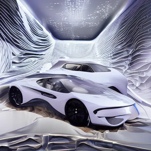 Prompt: sci-fi sport car formula 1 hatchback transport design organic smooth elastic forms on the front 30% of canvas and sci-fi wall structure with point cloud in the coronation of napoleon painting by Jacques-Louis David in the style of zaha hadid architecture unreal engine 5 lumen pinterest keyshot product render octane, dark black cloudy plastic ceramic material shiny gloss water reflections specularity, contrast blade runner 2049 film lighting ultra high detail ultra realism, 4k