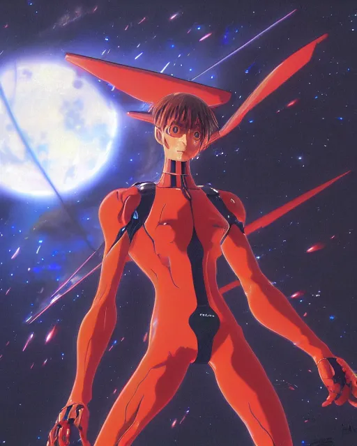 Image similar to neon genesis evangelion by noriyoshi ohrai, hd, hyper detailed, dark, sky, half moon, dark atmosphere, 4 k