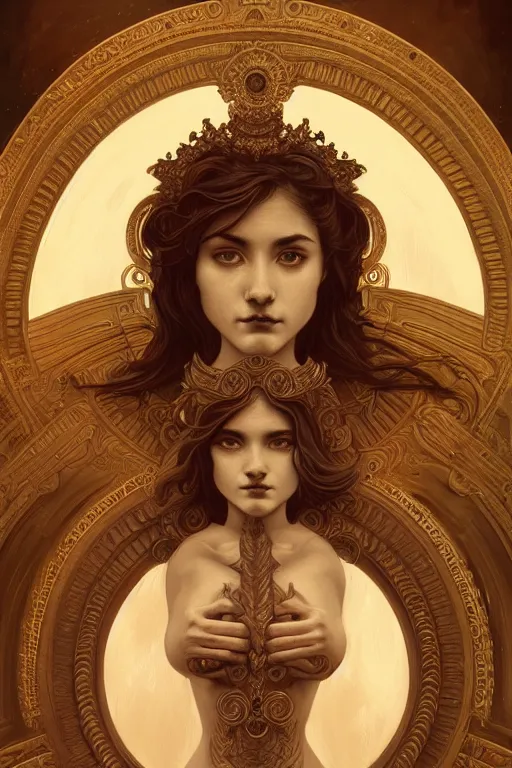 Prompt: symmetry!!!! intensely intricate tintype fan art of full frontal pose of a young goddess of life, protagonist, overpowering a young goddess of death, antagonist, intricate, elegant, highly detailed, my rendition, digital painting, artstation, concept art, smooth, sharp focus, illustration, art by artgerm and greg rutkowski and alphonse mucha