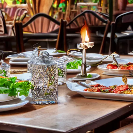 Prompt: close up of an itailian restaurant dining booth and table, in the center of the table is a small flickering candle filled with translucent butterflies. 4K. HDR