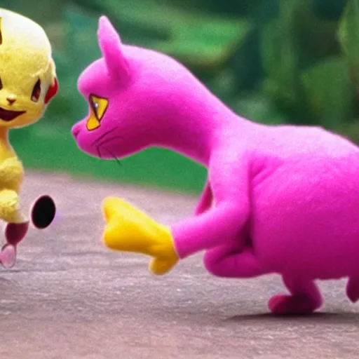 Prompt: Pink panther in a fight with pikachu