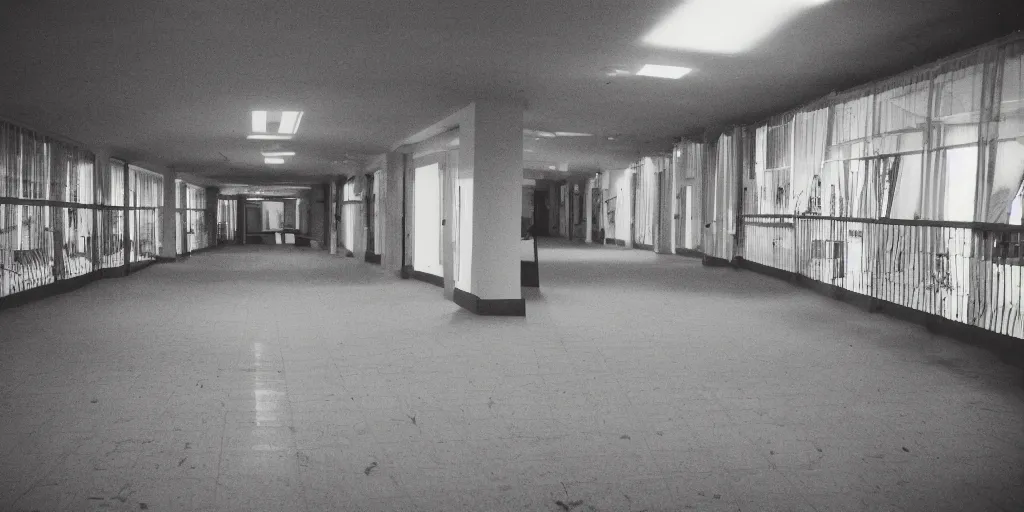 Image similar to a weird place full of people but now empty with eerie feeling, disposable colored camera, camera flash, house, mall, hallway, playground, office, pool, interior, room, full of things