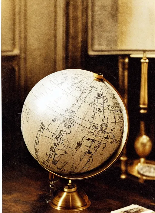 Prompt: realistic photo of a globe made of wood and covered with brass spikes, with patches of white fur, front view 2 0 0 0, life magazine photo, museum archival photo