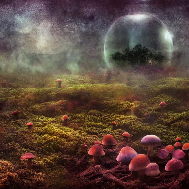 Prompt: a planet of various fungus, mushrooms and plants, inside the picture is infinity, sunset light, Atmospheric phenomenon, artistic photography, muted colors, conceptual, long exposure outside the city, volumetric light