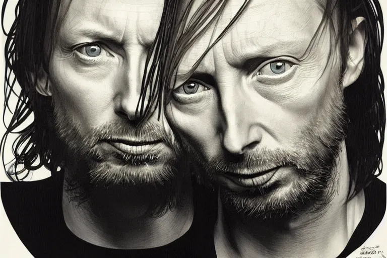 Image similar to hyper realistic portrait of thom yorke mixed with tilda swildon, bigger forehead, bigger chin, from the side, by lee bermejo, alphonse mucha and greg rutkowski