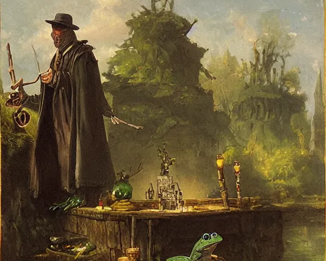 Image similar to frog wizard selling magical wares on a stand next to a pond by achenbach, andreas